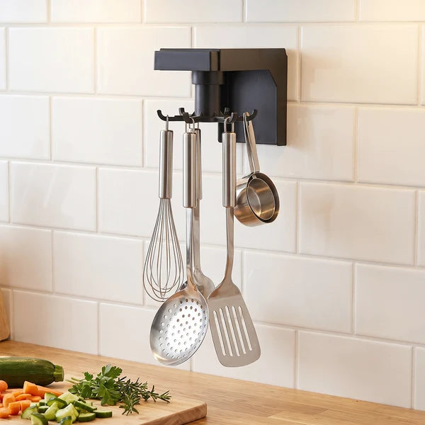 360° Rotating Wall-Mounted Kitchen Utensil Holder & 6-Hook Adhesive Organizer Rack