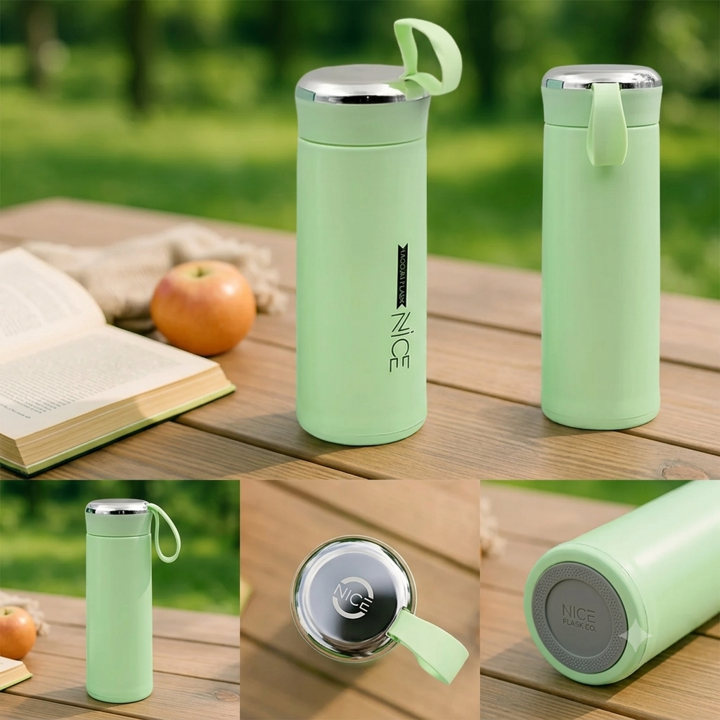 400ml Glass Inner Vacuum Flask Water Bottle with Carry Loop & Chrome Cap (Pastel Mint Green)