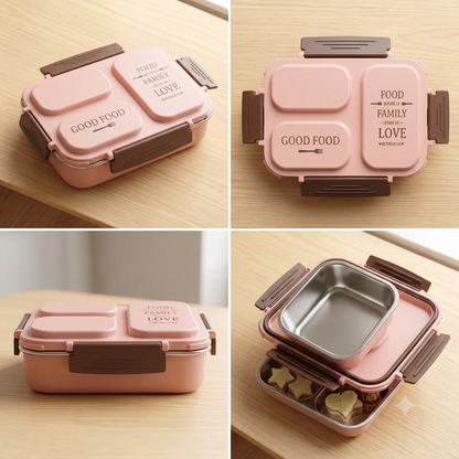 Bites Buddy 3-Compartment Stainless Steel Leakproof Bento Lunch Box for Kids & Adults