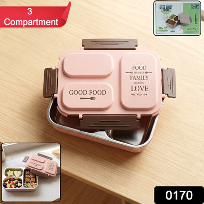 Bites Buddy 3-Compartment Stainless Steel Leakproof Bento Lunch Box for Kids & Adults